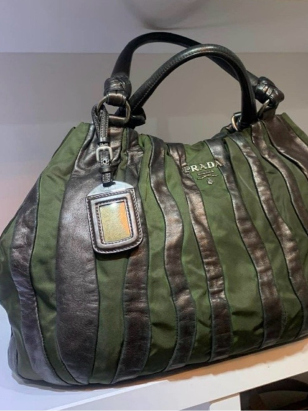 Prada Olive Green Tote with Brown Leather Straps - Picture 5 of 13